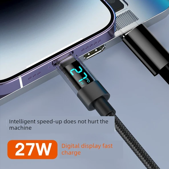 Type-C ile Lightning 1.5m Siyah Akıllı Dijital Ekran Hızlı Şarj Kablosu - iPhone 15/16