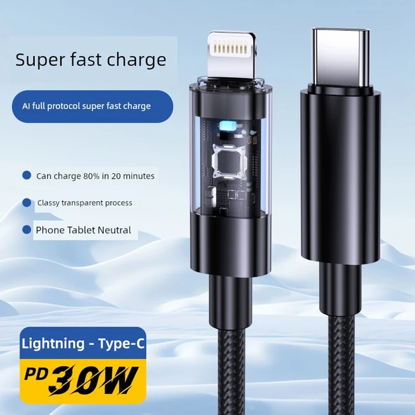 Type-C ile Lightning 2m Siyah İkili Boncuk Lamba Hızlı Şarj Kablosu - iPhone 6/14
