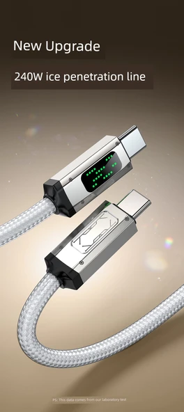 240W Süper Hızlı Şarj İkili Type-C Buz Geçirgen Veri Kablosu - 2m - Buz Şeffaf Beyaz - 7