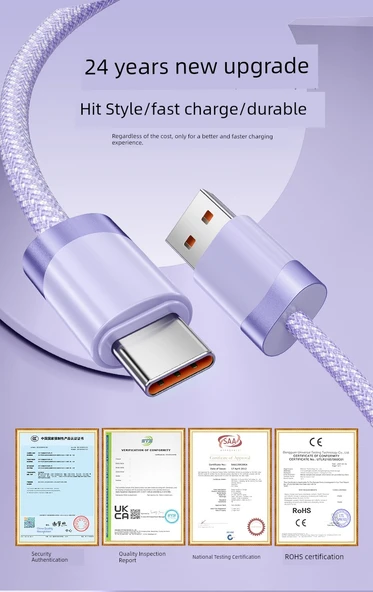 USB-C to USB-A Hızlı Şarj Kablosu - 1m Yadan Siyah - Sertifikalı Çip - 8
