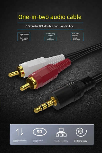RCA Plug Amplifikatör 3.5mm ile Çift Lotus Erkek Ses Kablosu - 2.7m - 7