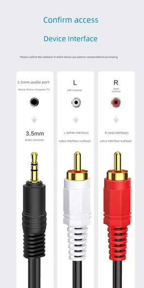 RCA Plug Amplifikatör 3.5mm ile Çift Lotus Erkek Ses Kablosu - 2.7m - 8