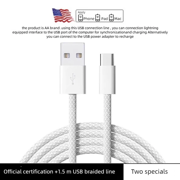 USB'den Type-C Örgü Veri Kablosu - İki Adet - 1.5M - iPhone 15/16 - Araç Şarjı - CarPlay