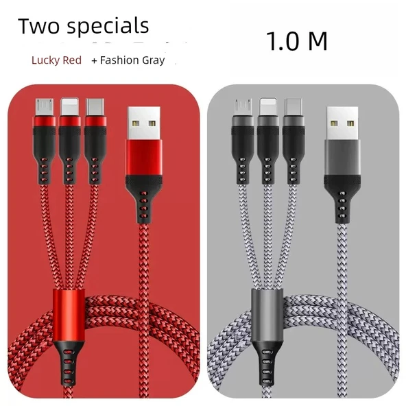 3'ü 1 Arada Şarj Kablosu - 1m Kırmızı + Gri - Apple Android Type-C
