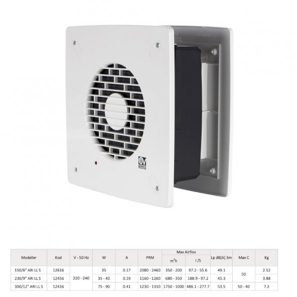 Vortice Vario I 300/12 & CR5N Hız Anahtarı Yanında Duvara Cama Kolay Montaj Otomatik Panjur Manuel Geri Dönüşümlü Tasarruflu Fan AGMair Agm Havalandırma Fanı - 4