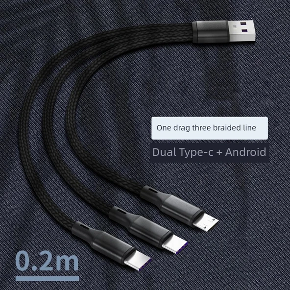 5A Süper Hızlı Şarj Çoklu Port Veri Kablosu - 0.2M 2 Type-C + Android