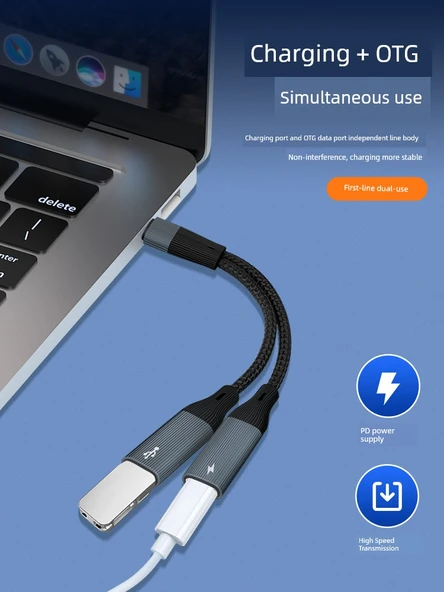 Type-C'den Çift USB Adaptör Kablosu - Koyu Gri Çift C Portu - Şarj ve Veri 2'si 1 Arada - 6