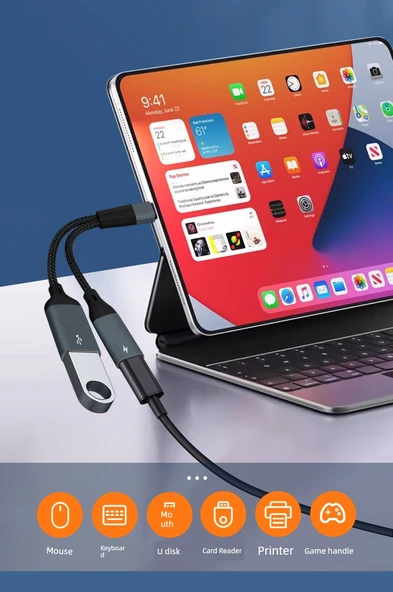 Type-C'den Çift USB Adaptör Kablosu - Koyu Gri 3.5mm + C Kulaklık - Şarj ve Veri 2'si 1 Arada - 12