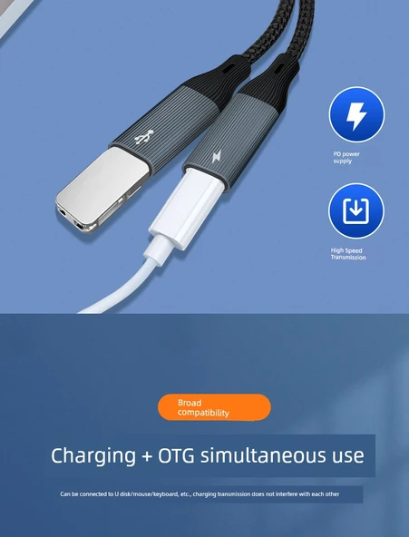 Type-C'den Çift USB Adaptör Kablosu - Koyu Gri USB + C Portu - Şarj ve Veri 2'si 1 Arada - 11