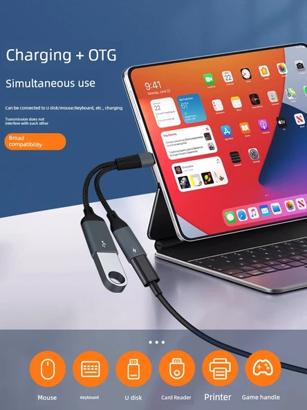 Type-C'den Çift USB Adaptör Kablosu - Koyu Gri Çift C Portu - Şarj ve Veri 2'si 1 Arada - 5