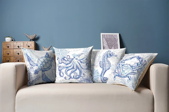 Deniz Kabukları Temalı Marin Dekoratif Yastık Kılıfı 4'lü Set - 2