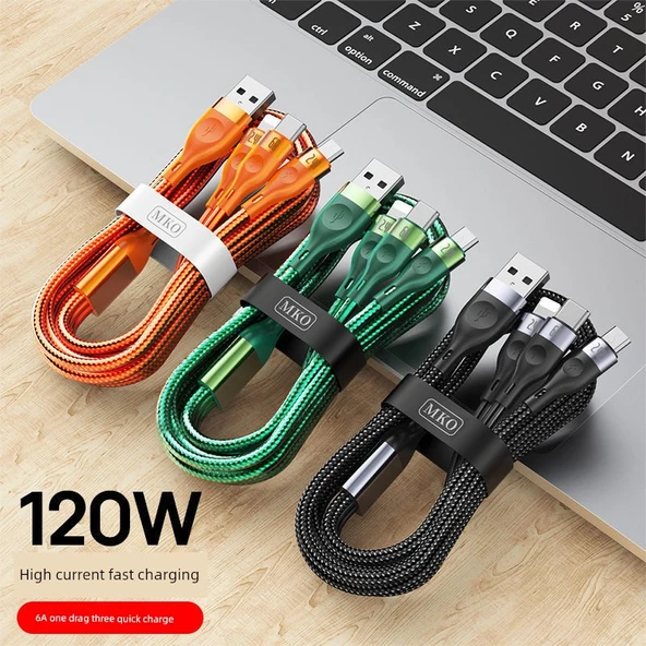3'ü 1 Arada USB Şarj Kablosu - 2 Paket Yeşil 1.8m 6A Süper Hızlı Şarj - 5