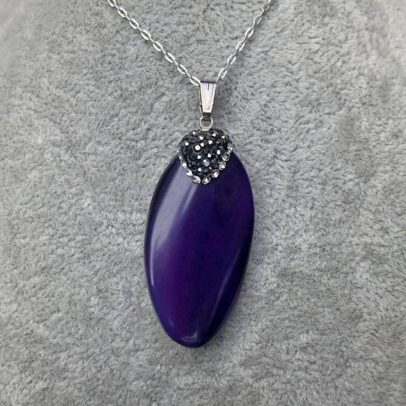 Doğal Oval Kesim Mor Akik Taşı Doğal Taş Kolye - IMRKL00058