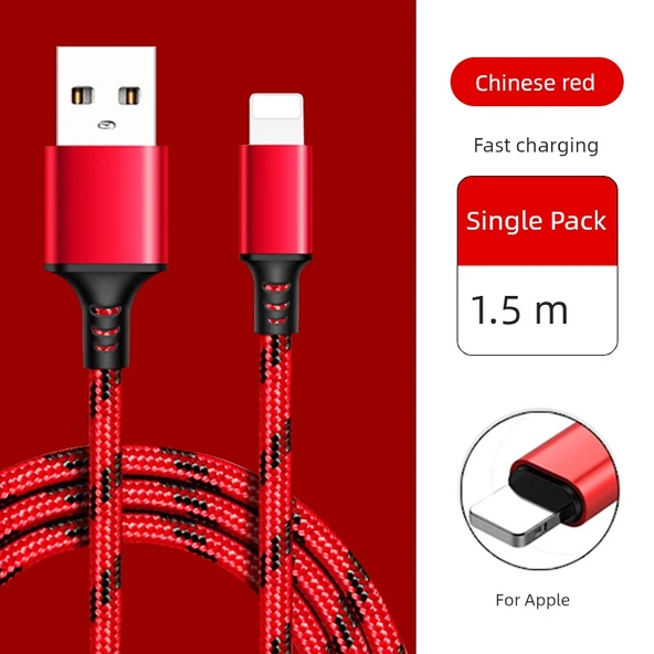 3M Uzun Şarj Veri Kablosu - 1.5m Kaplan Kırmızı - Apple Hızlı Şarj