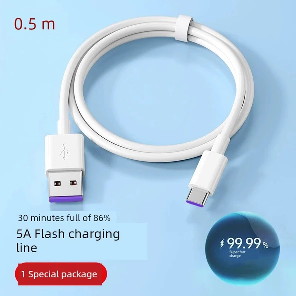 USB Type-C Kablo - 0.5 m 5A Süper Hızlı Şarj - 30 Dakikada 1 Paket Doldurur