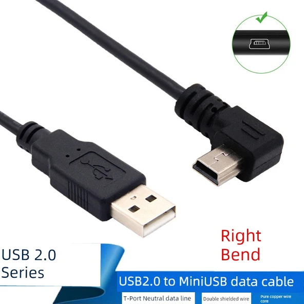 USB'den Mini USB'ye Veri Şarj Kablosu - 0.25M Düz USB'den Sağ Dönüş Mini USB'ye