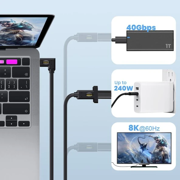 USB4 Type-C Dişi Uzatma Kablosu - 1m - Pozitif Kavisli - 11