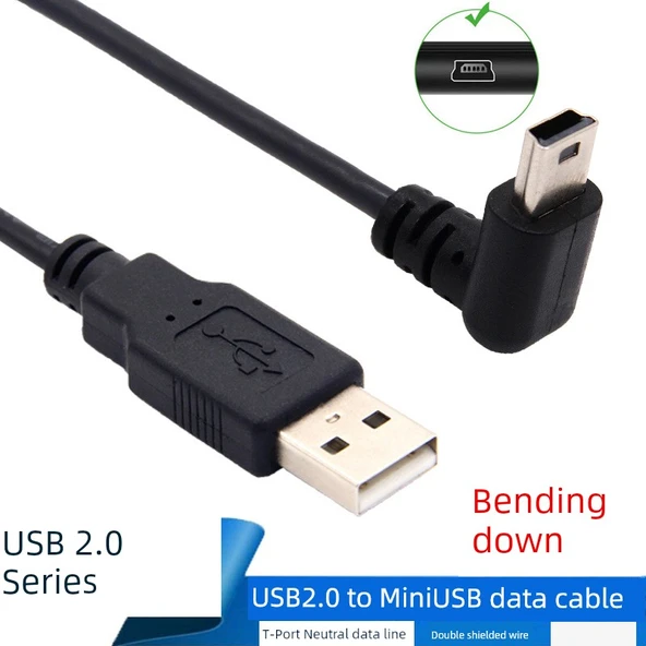 USB'den Mini USB'ye Veri Şarj Kablosu - 1m Düz USB'den Sağ Dönüş Mini USB'ye - 5