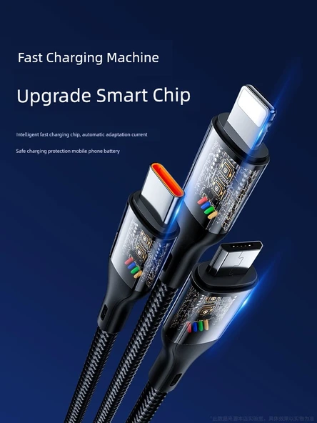 3in1 Hızlı Şarj Kablosu - 1.5m - Gece Siyahı - İki Paket - Apple Android Type-C - 4