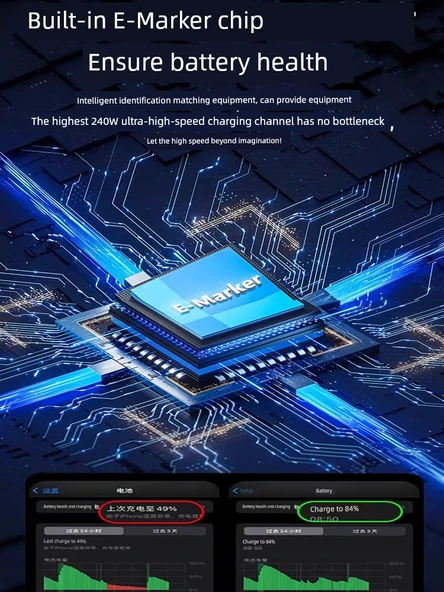 240W USB-C to USB-C PD Hızlı Şarj Kablosu - 1m - 120W Düz Örgü Kablo - 6