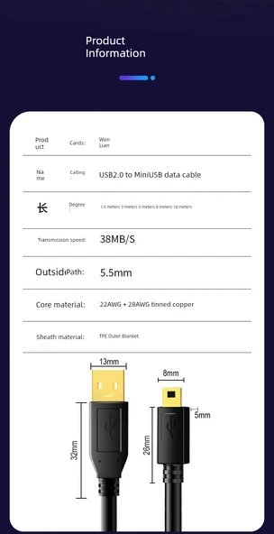 Mini USB Veri Kablosu - 3m Anti-İnterferans Çift Mıknatıslı Yüzük Kalın Bakır Kablo - 11