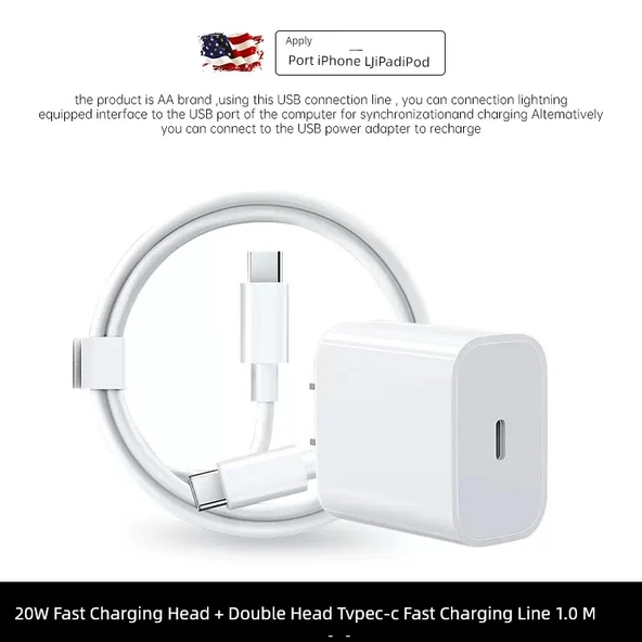 20W Hızlı Şarj Başlığı + Çift Type-C 1.0m Hızlı Şarj Kablosu