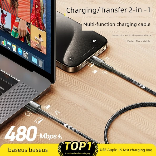 USB Type-C ile Lightning Kablo - Siyah - 2m - 3A Hızlı Şarj