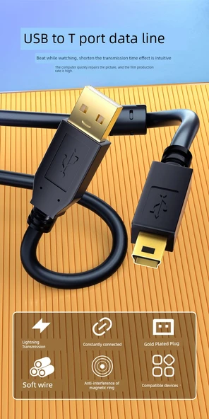 Mini USB Veri Kablosu - 5 m Şeffaf Gri Çift Manyetik Halka Anti-girişim - 7