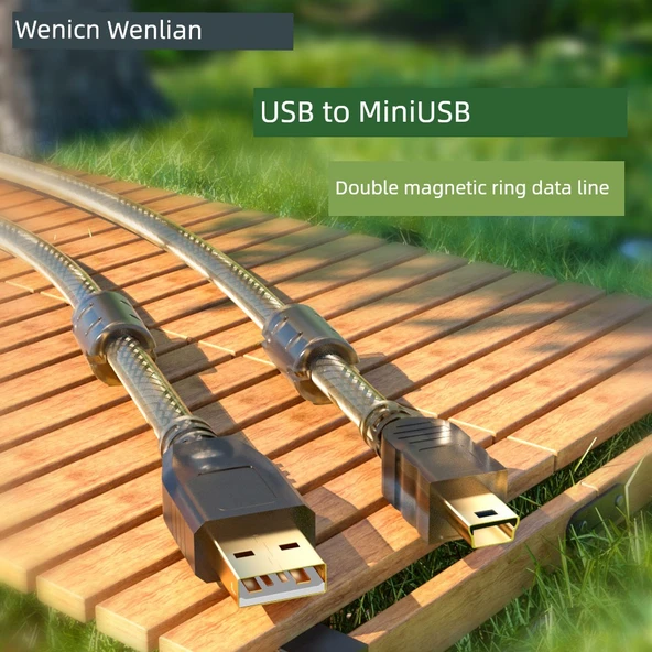 Mini USB Veri Kablosu - 3 m Şeffaf Gri Çift Manyetik Halka Anti-girişim