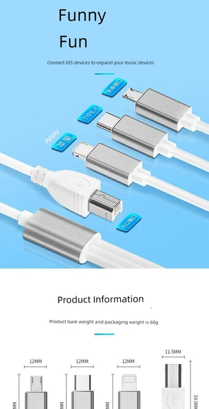 3-in-1 USB Veri Kablosu - 1.5m - Android Micro USB'den MIDI Entegre Hat - 9