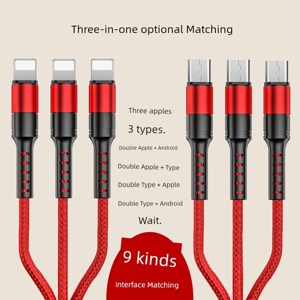 3-in-1 Çok Başlı USB Şarj Kablosu - 1.88m Kırmızı 3C - 5