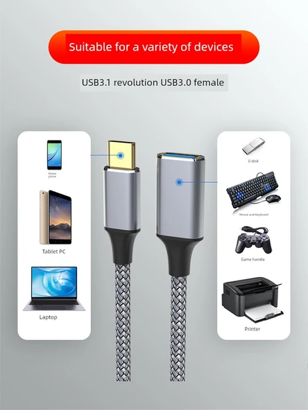 Veri Kablosu - Type-C'den USB 3.0'a - 1.5M - Gri - Örgü Takviye - 2