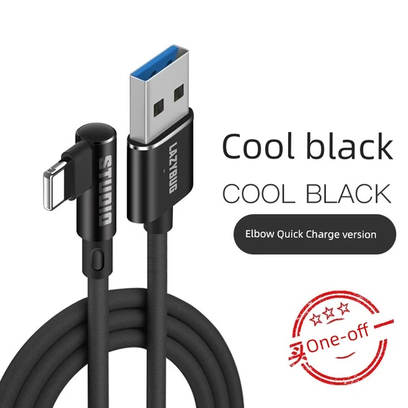 Köşe USB A'dan Lightning Kablo 3A Hızlı Şarj Veri Kablosu - 1m Soğuk Siyah İki Al Bir Bedava