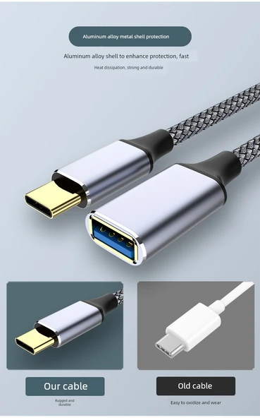 Veri Kablosu - Type-C'den USB 3.0'a - 1.5M - Gri - Örgü Takviye - 10