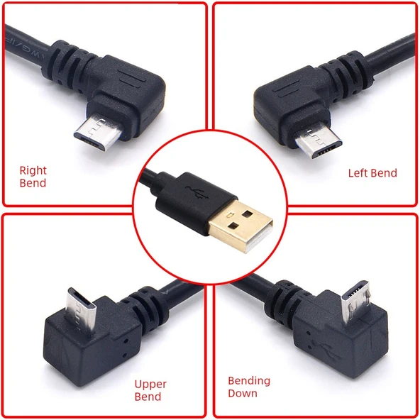 Micro Mini USB Şarj Veri Kablosu - 0.5m Altın Kaplama Mikro Sağ Eğik - 5