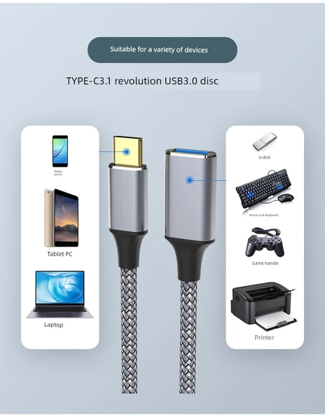Veri Kablosu - Type-C'den USB 3.0'a - 1.5M - Gri - Örgü Takviye - 8