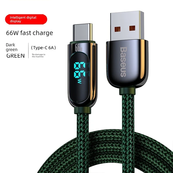 USB Type-C Dijital Ekran Şarj Kablosu - Koyu Yeşil - 2 m - 66W Hızlı Şarj