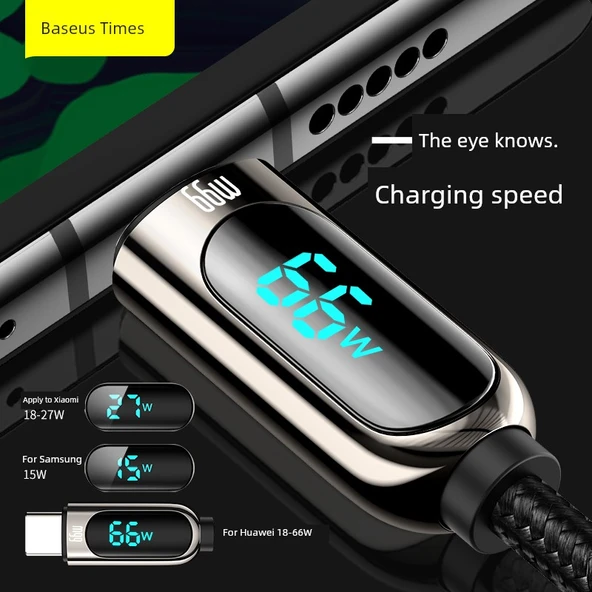 USB Type-C Dijital Ekran Şarj Kablosu - Siyah - 2 m - 66W Hızlı Şarj - 3