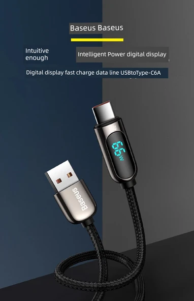 USB Type-C Dijital Ekran Şarj Kablosu - Siyah - 2 m - 66W Hızlı Şarj - 7