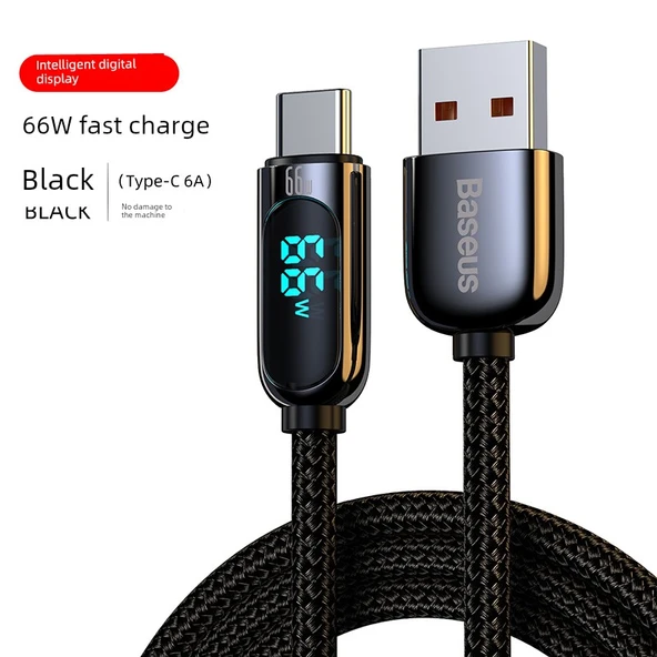 USB Type-C Dijital Ekran Şarj Kablosu - Siyah - 2 m - 66W Hızlı Şarj