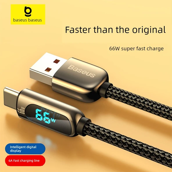 USB Type-C Dijital Ekran Şarj Kablosu - Siyah - 2 m - 66W Hızlı Şarj - 2