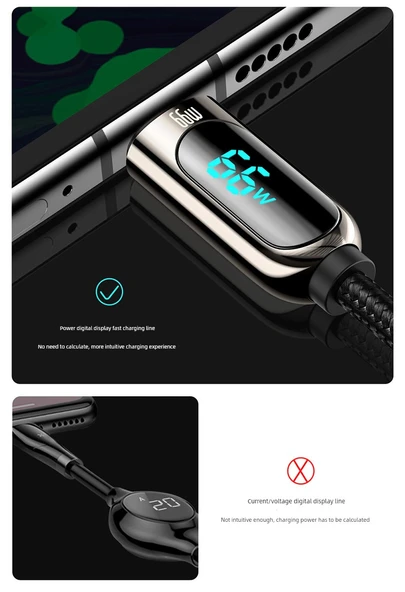 USB Type-C Dijital Ekran Şarj Kablosu - Siyah - 2 m - 66W Hızlı Şarj - 11