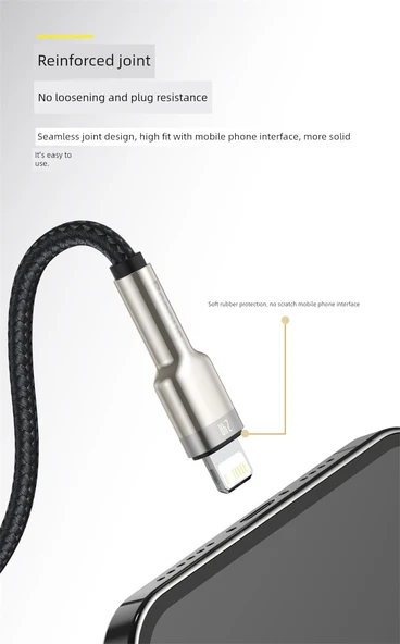 Siyah Metal Kafule USB Güç Kablosu - 0.25m - Hızlı Şarj - 12