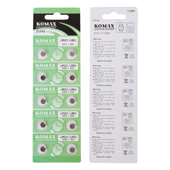Komax AG-0 Alkalin LR521/379 Düğme Pil 10'lu Paket ürün görseli