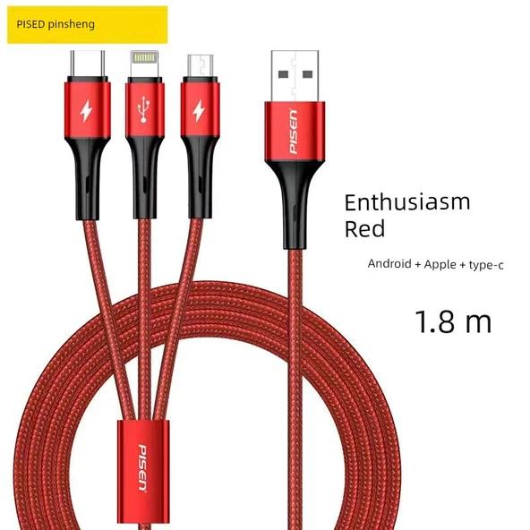 3'ü 1 Arada USB Veri Kablosu - Sıcak Kırmızı 1.8m