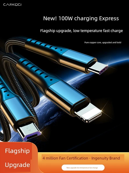 3'ü 1 Arada USB Hızlı Şarj Kablosu - 2m - Gri (2 Paket) - 2