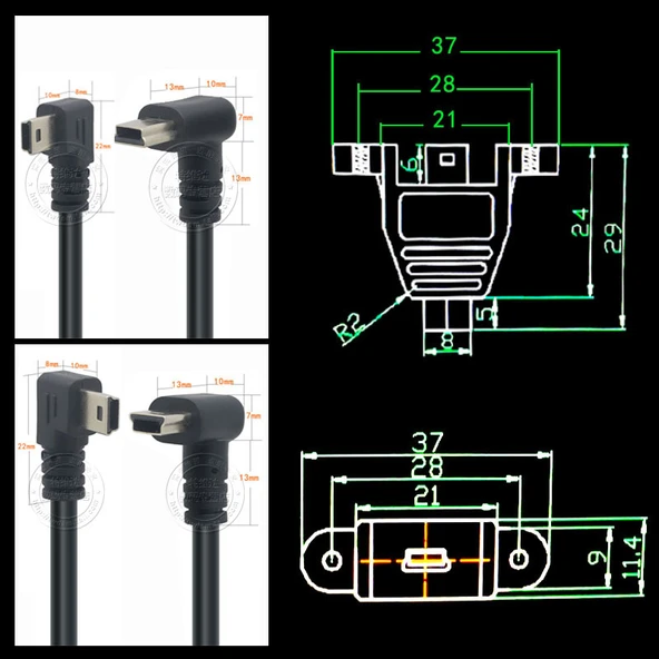 Mini USB Uzatma Kablosu - 0.5m - Sol Kıvrım - 6