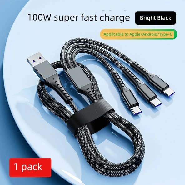 3'ü 1 Arada USB Hızlı Şarj Kablosu - 2m - Siyah (1 Paket)