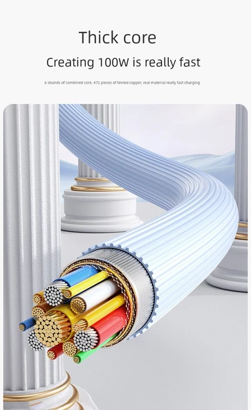 100W USB Type-C Şarj Kablosu - 1m - 2 Paket - Kalın Kablo - Uzak Zirve Mavisi - 11