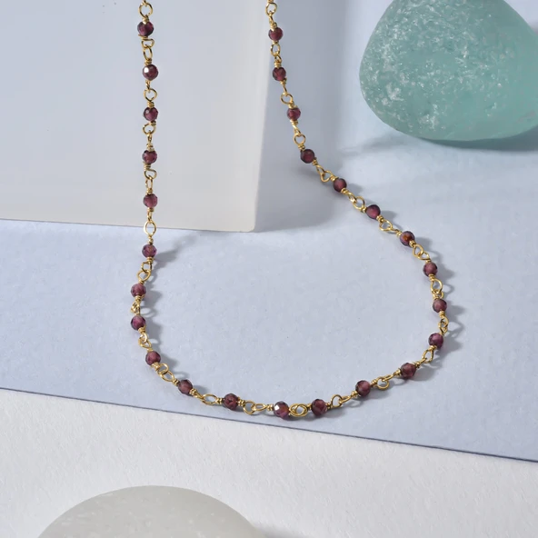 14 Ayar Altın Kaplama Garnet Değerli Taş Gümüş Boncuk Gerdanlık - CNS00640 - 3